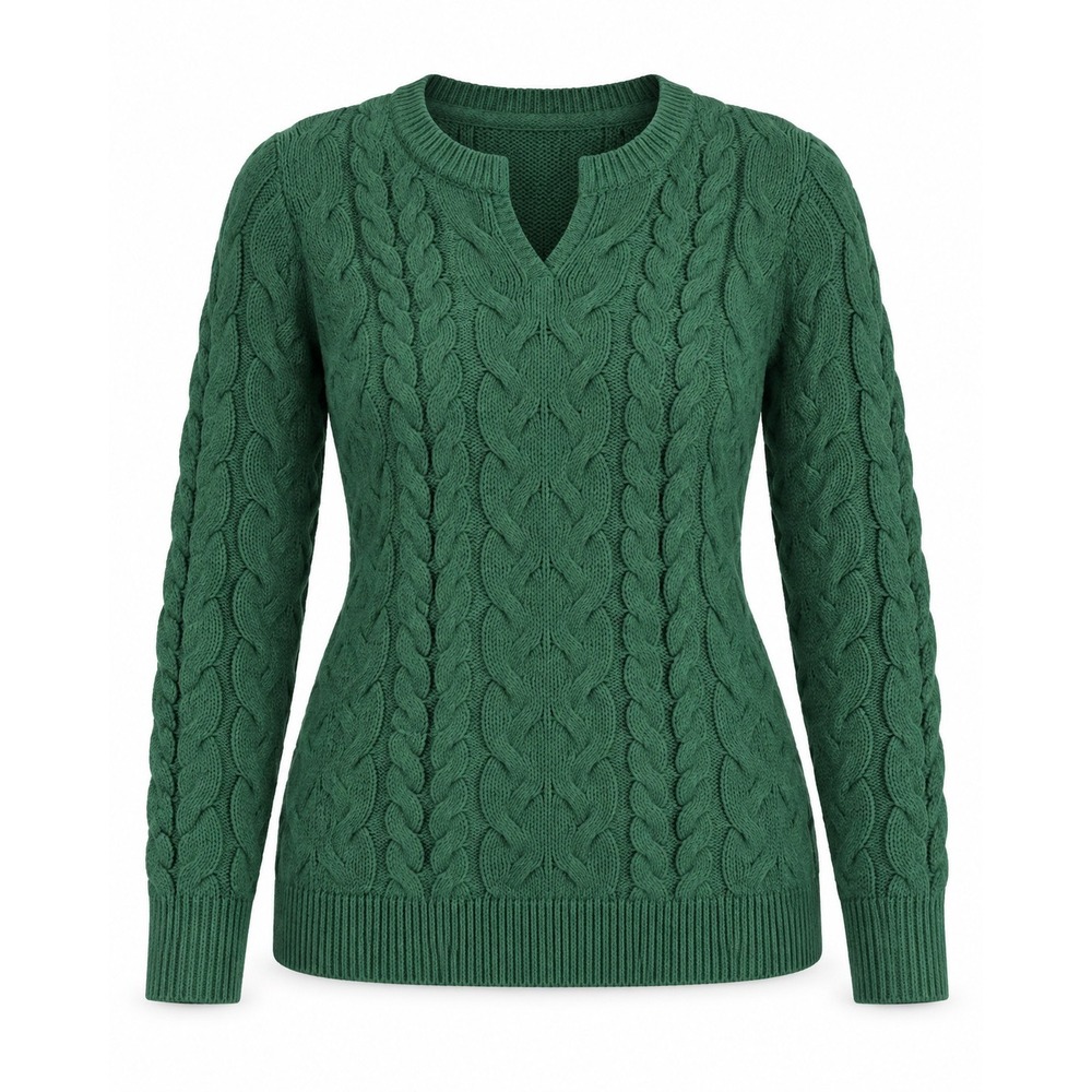 J. Jill Green Chenille Cable Knit Split Neck Sweater Womens Medium